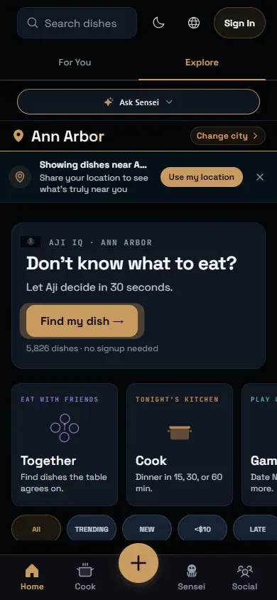 Aji IQ For You feed with dish recommendations